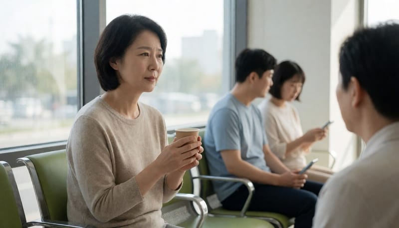 산부인과 진료실 대기실에 앉아 있는 여성