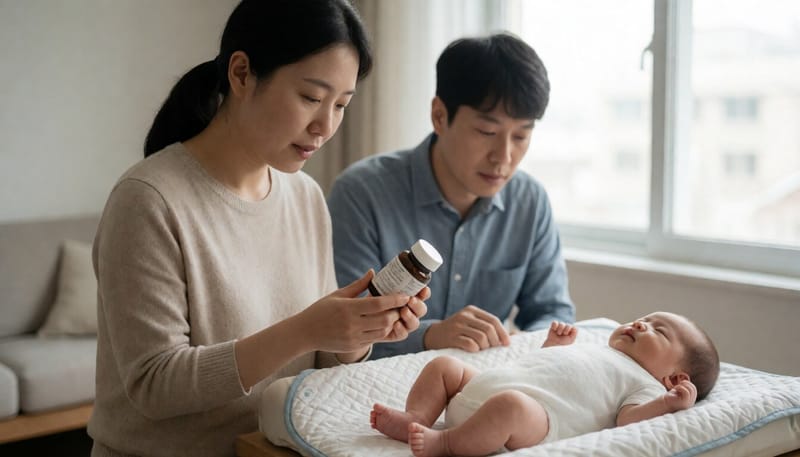 유산균 제품 성분을 살펴보는 엄마의 모습