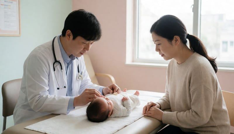 소아청소년과에서 아기를 진찰하는 의사의 모습