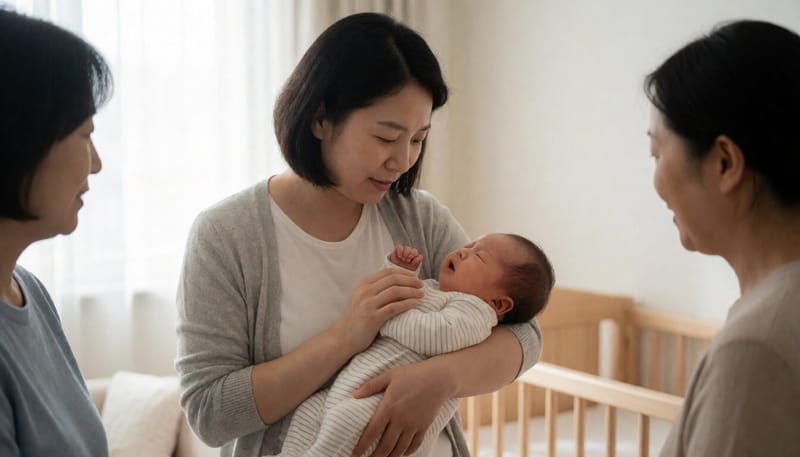 우는 아기를 안고 달래는 엄마의 모습