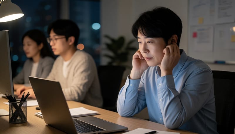 과로와 스트레스로 지친 직장인의 모습