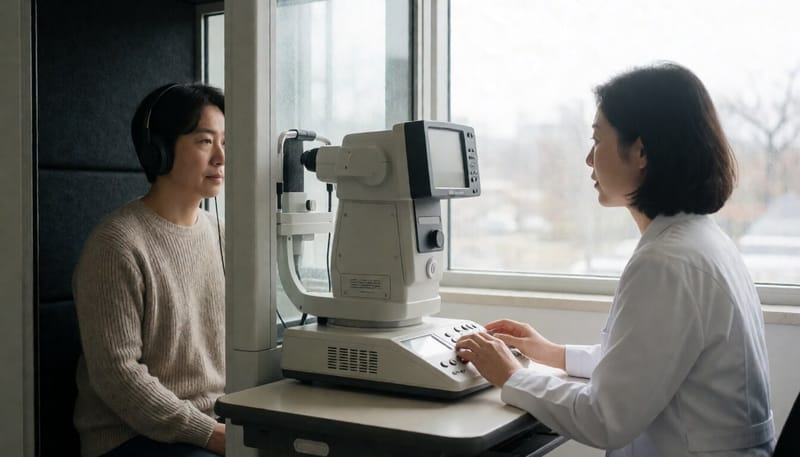 청력검사를 받고 있는 환자의 모습