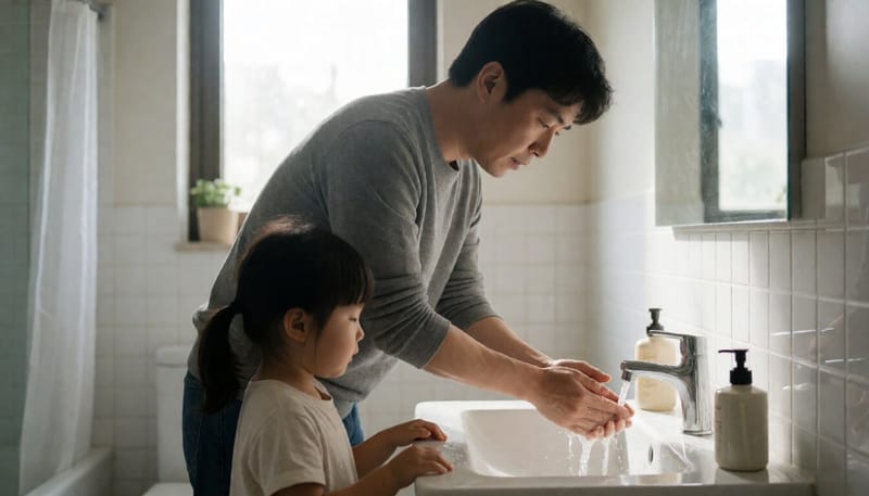 손을 씻는 아버지와 눈이 충혈된 아이