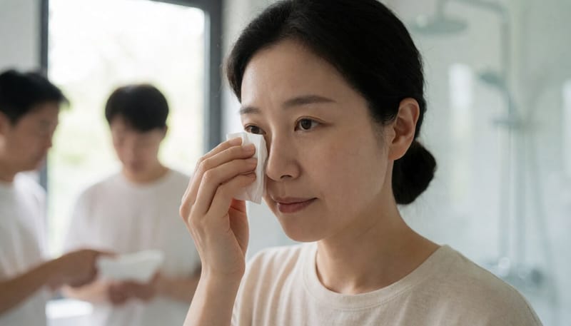 눈이 충혈된 채 티슈로 눈가를 닦는 여성의 모습