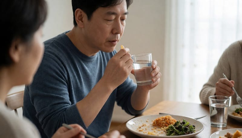 식사 후 물과 함께 영양제를 먹는 남성