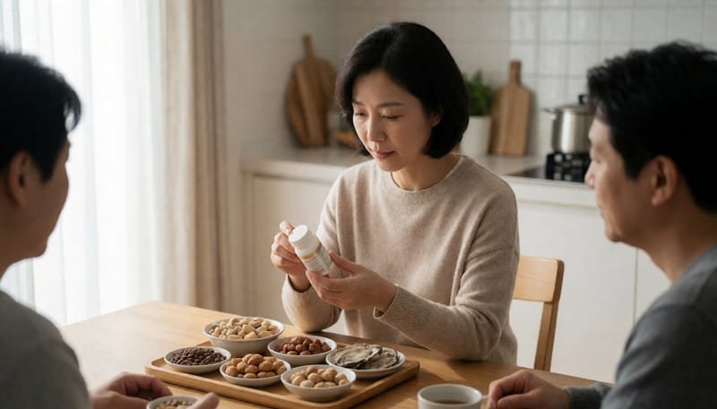 주방 식탁에서 아연이 풍부한 음식과 영양제를 살펴보는 여성