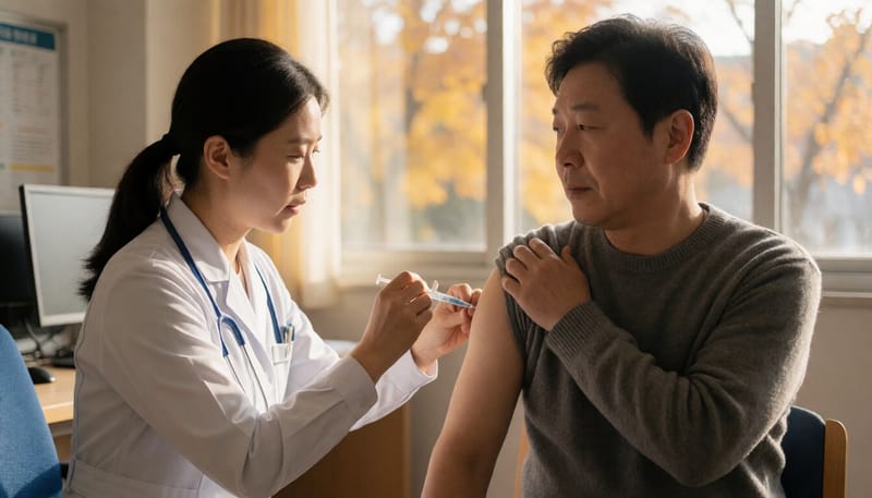 보건소에서 코로나19 백신을 접종받는 중년 남성의 모습