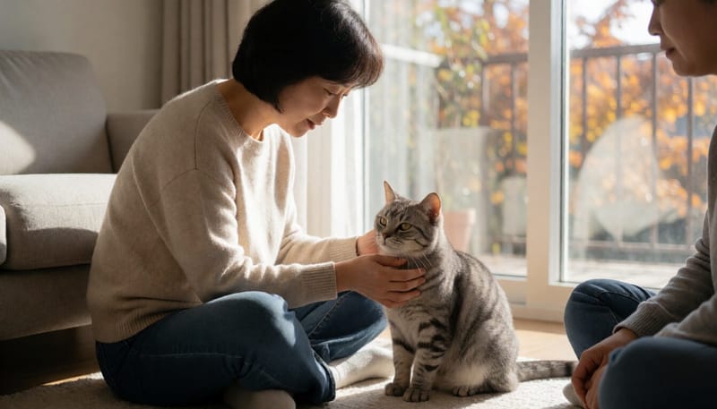 거실에서 기침하는 회색 고양이를 살펴보는 보호자