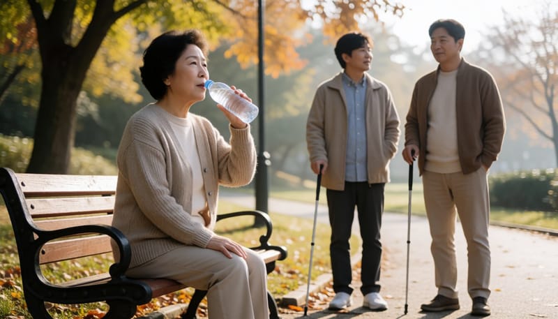 운동 중 벤치에서 물을 마시는 여성