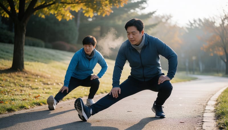 새벽 공원에서 준비운동으로 몸을 풀고 있는 남성