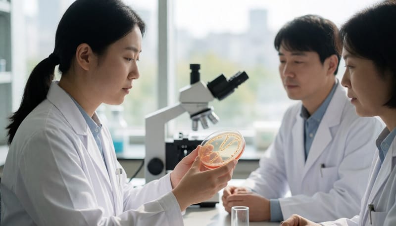 장내세균 배양 접시를 살펴보는 연구원