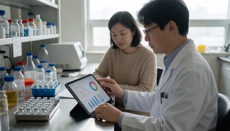 연구실에서 장내세균 자료와 백신을 살펴보는 연구자