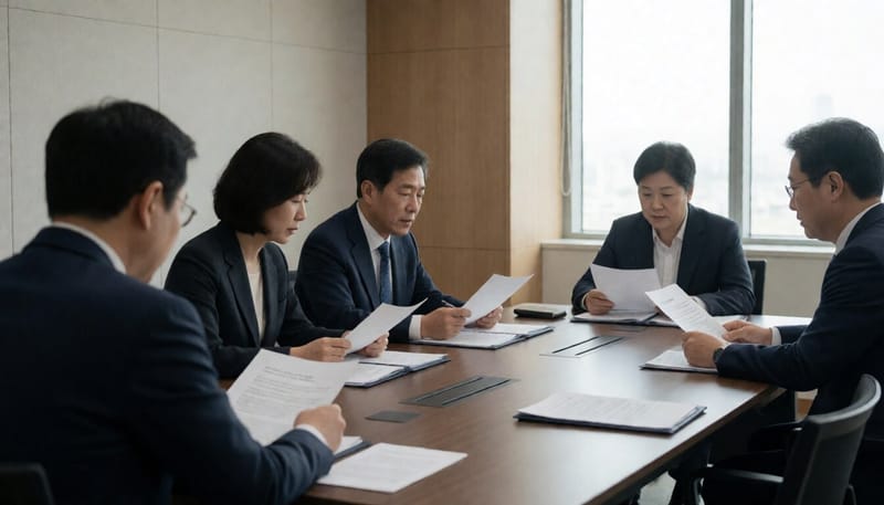 회의실에서 서류를 살펴보며 논의하는 참석자들의 모습
