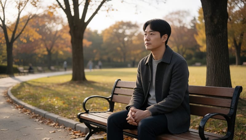 가을 공원 벤치에 앉아 생각에 잠긴 남성의 모습