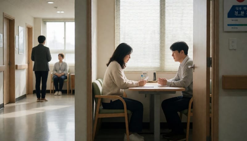 상담실에서 마주 앉아 대화를 나누는 상담사와 내담자의 모습