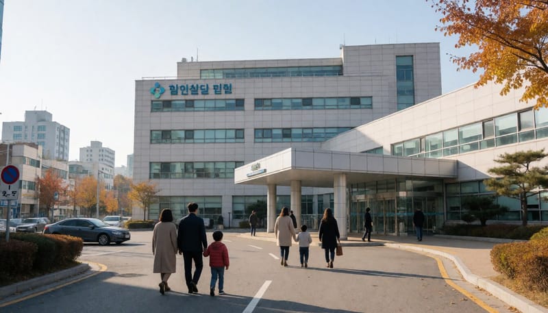 지방 도시의 병원 건물 앞으로 걸어가는 가족의 모습