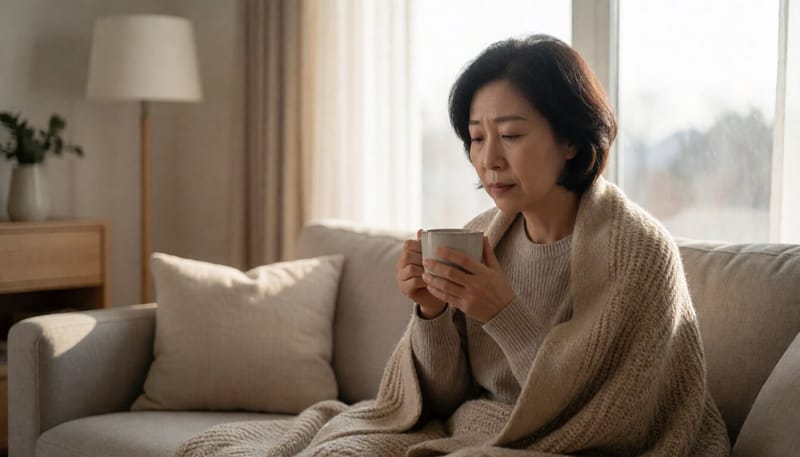 피곤한 표정으로 담요를 두른 채 앉아있는 중년 여성