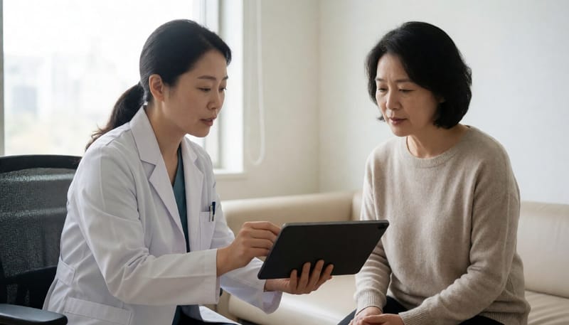 여성 환자와 상담하는 산부인과 의사