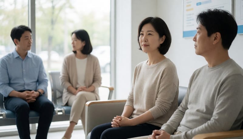 산부인과 진료를 기다리며 앉아 있는 여성의 모습