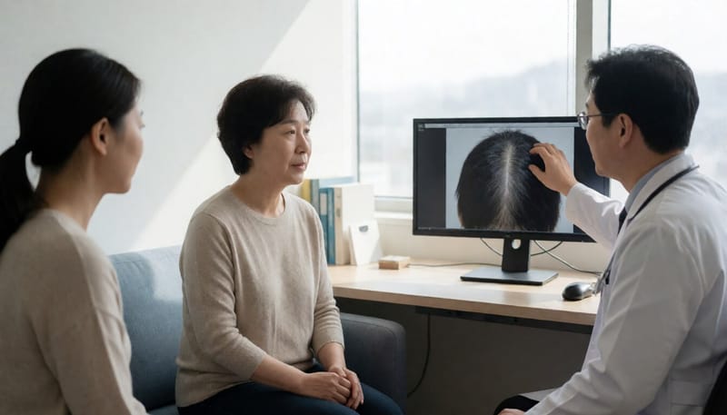 피부과에서 두피 상태를 상담받는 여성