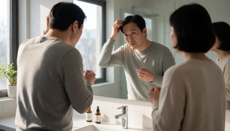욕실 거울 앞에서 헤어라인을 살펴보는 남성