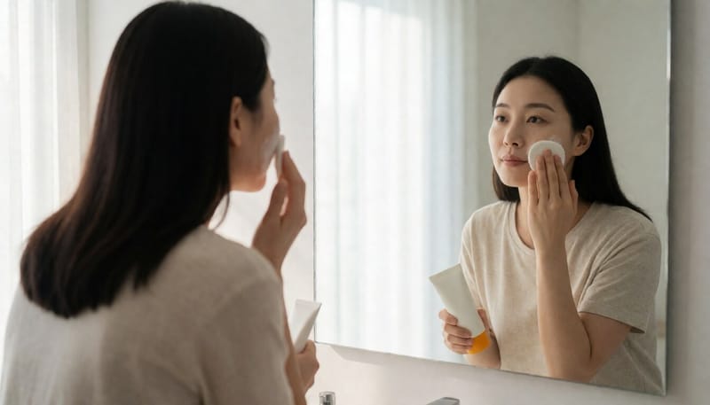 자외선차단제와 립밤을 바르는 여성의 모습