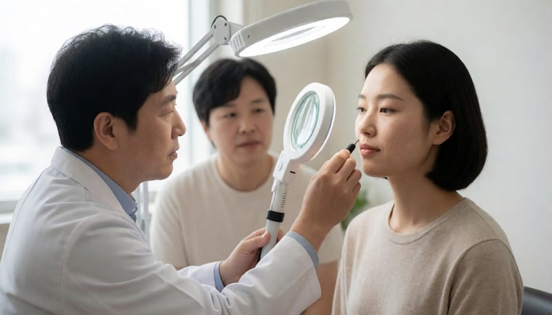 피부과에서 여드름 피부를 진료받는 모습