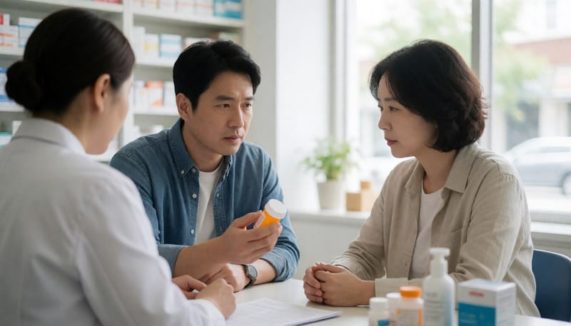 약사와 상담하며 약통을 들고 걱정스러운 표정을 짓는 남성