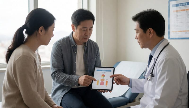 진료실에서 의사와 상담하는 중년 남성