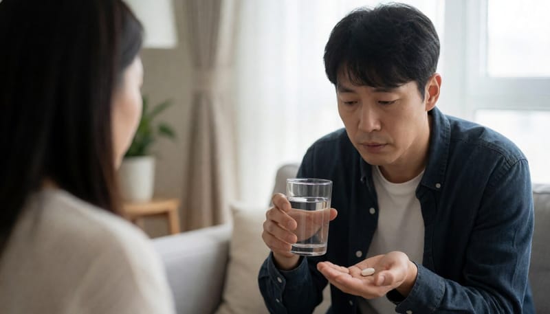 탈모약을 손에 들고 피곤한 표정으로 생각에 잠긴 남성