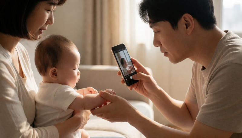 아기 피부 변화를 사진으로 기록하는 아빠