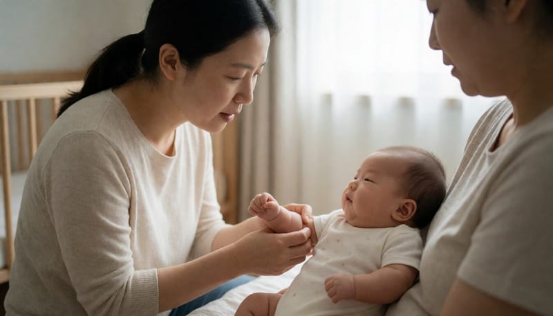 엄마가 아기의 피부를 살펴보는 모습