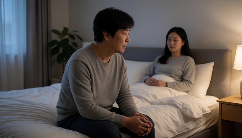 밤에 침대에 앉아 발을 문지르는 사람의 모습