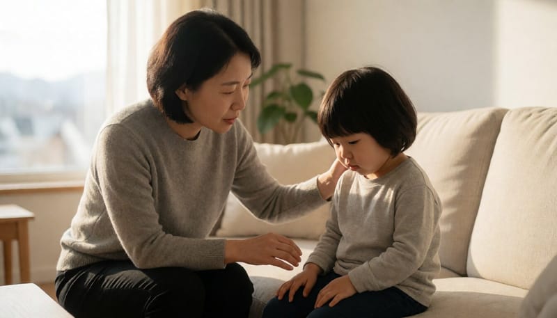 아이의 코피를 침착하게 지혈해주는 어머니