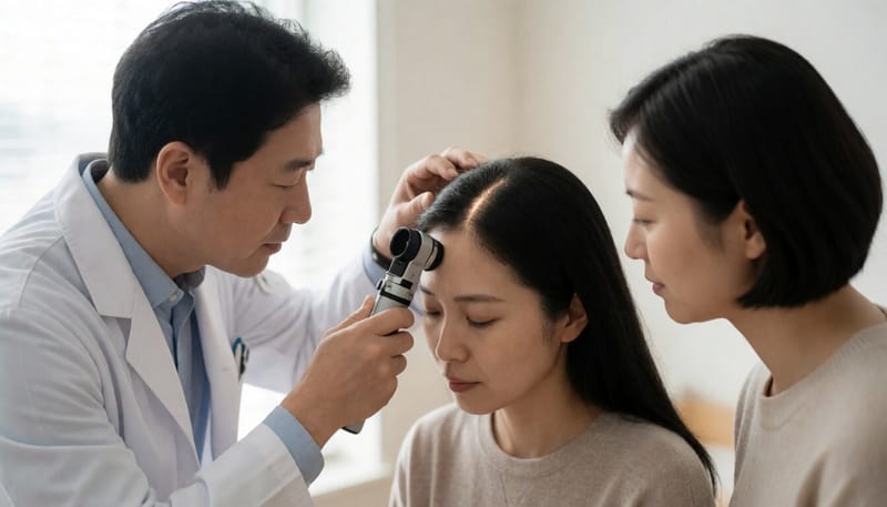 피부과에서 두피를 확대경으로 진찰받는 모습
