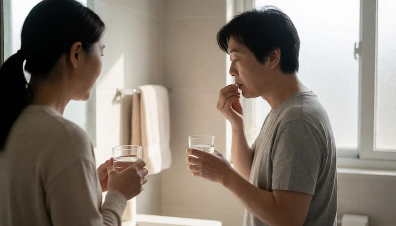 아침에 물과 함께 약을 복용하는 모습