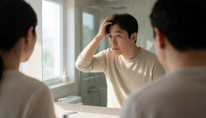 거울 앞에서 이마 헤어라인을 살펴보는 남성