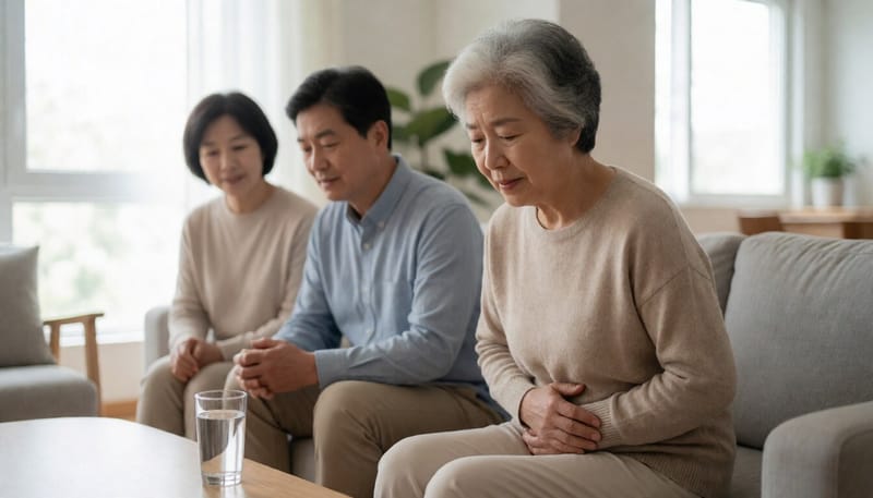 복부 불편감을 느끼며 소파에 앉아 있는 노년 여성