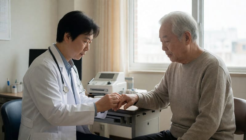 신경과에서 손 움직임을 검사받는 노년 남성 환자