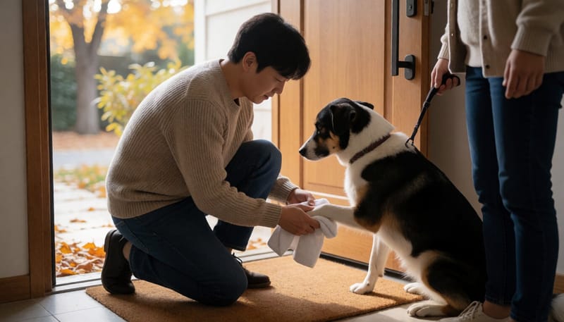 산책 후 반려견 발을 닦아주는 보호자의 모습