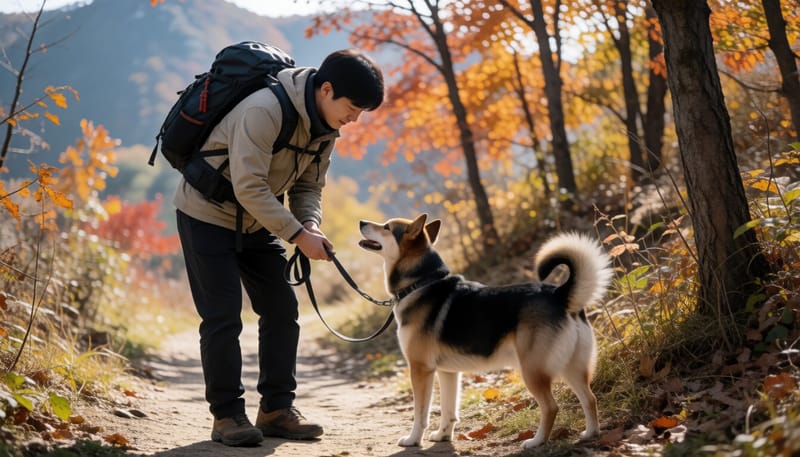 야외 활동 중 반려견 상태를 살피는 보호자