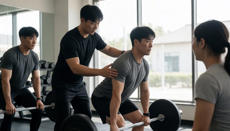 트레이너가 회원의 데드리프트 자세를 교정해주는 모습