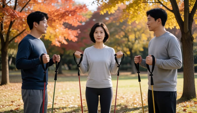 가을 공원에서 근력운동을 하는 여성
