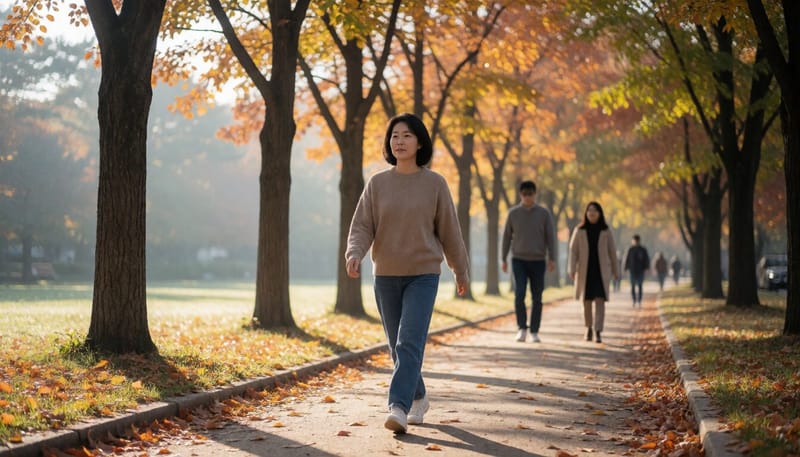 가을 공원을 걷는 여성의 모습