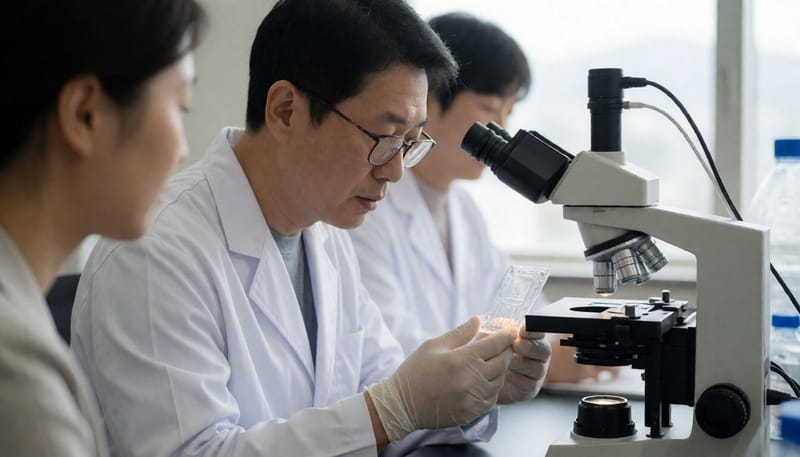 연구원이 실험실에서 장기칩 장치를 살펴보는 모습