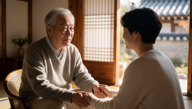 따뜻한 햇살 아래 손을 맞잡은 고령의 어르신과 가족의 모습