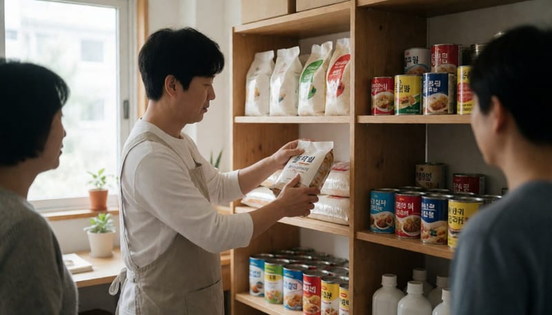 나눔 거점 선반에 물품을 정리하는 자원봉사자