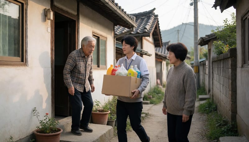 거동이 불편한 어르신 자택으로 식료품을 배달하는 모습