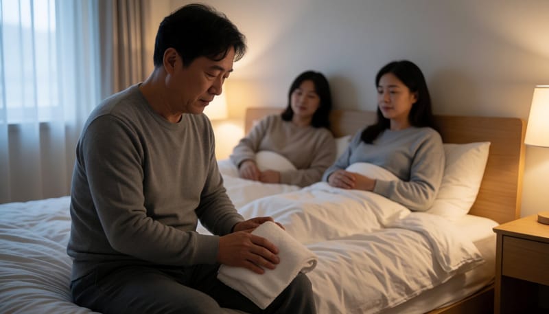 온찜질로 종아리 근육을 풀어주는 남성