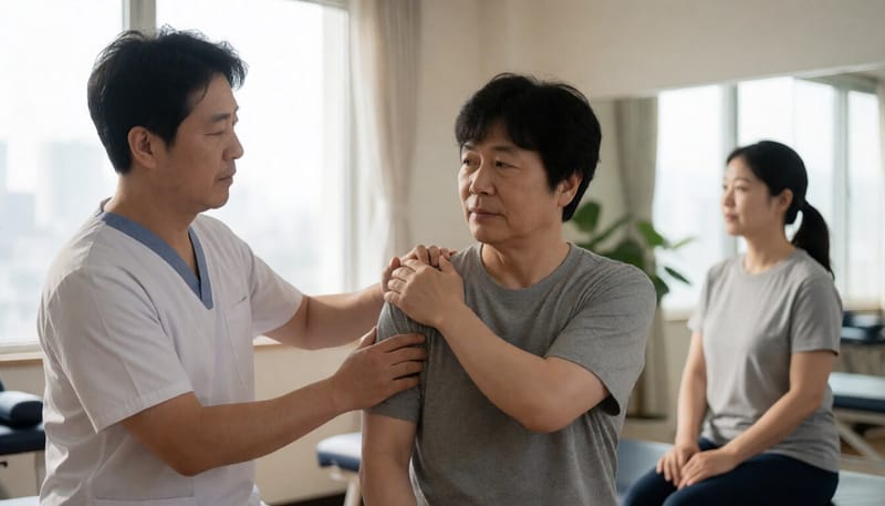 물리치료사가 환자의 어깨 스트레칭을 돕는 모습